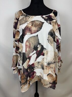 Loveriche Muted Leaves Ruffle Sleeve Blouse – XL lined